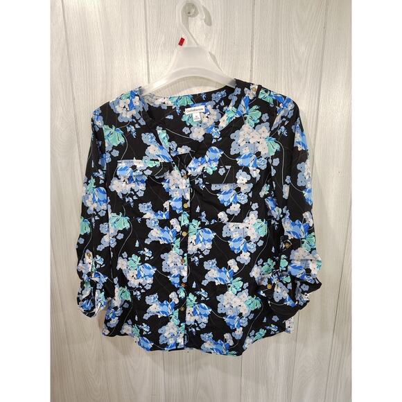 Women's Dark Floral Fairy Peasant Top Size M Pockets Festival Casual Office - Picture 1 of 8